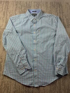 Mason James Shirt Mens Medium Blue Check Long Sleeve Button Down Stretch Casual